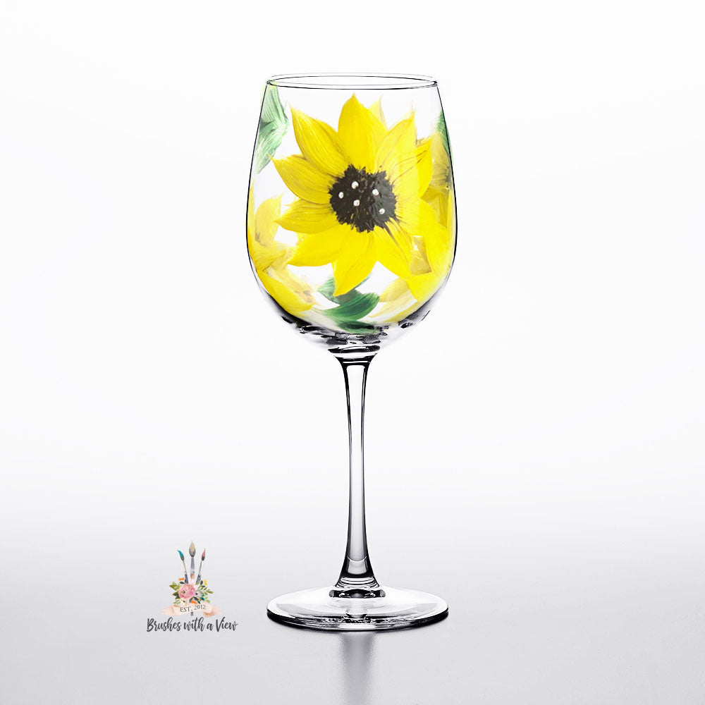 Hand Painted Sunflower Stemmed Wine Glass 12 ounce 