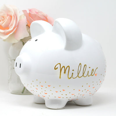 Personalized Hand Painted Piggy Bank with gold and pink hearts