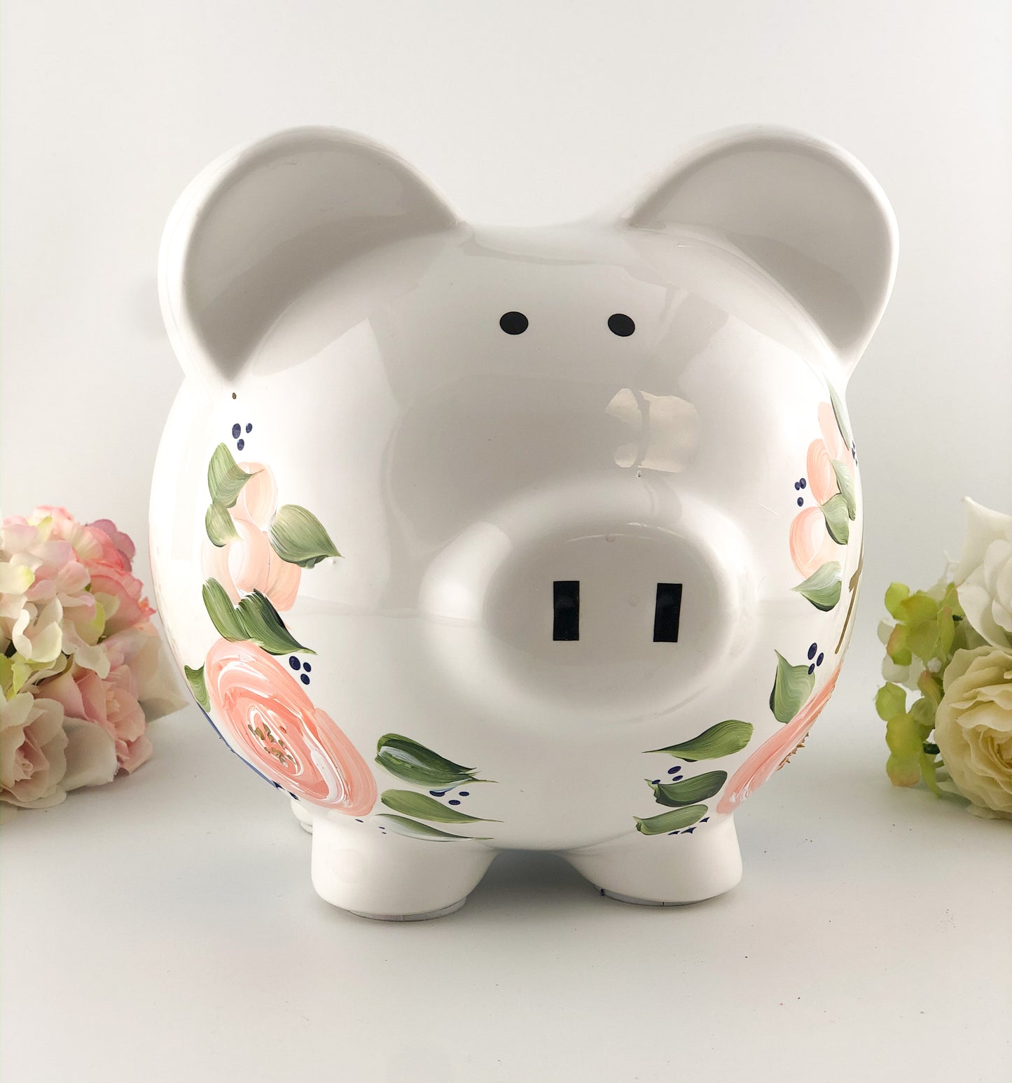 Personalized Piggy Bank for Baby Girl |  Peach and Navy Flowers 