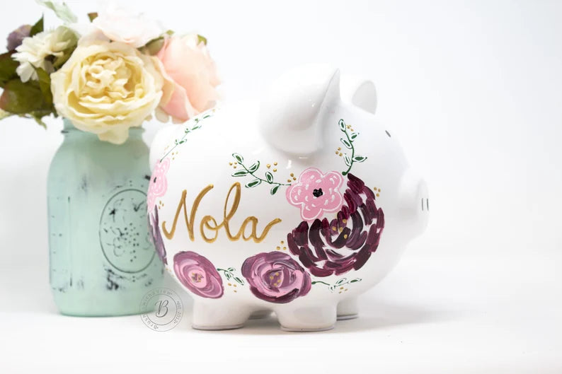 hand painted floral piggy bank burgundy and pinks 