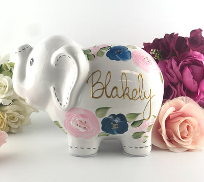 Hand Painted Elephant Piggy Bank with Light Pink and Navy Blue Flowers