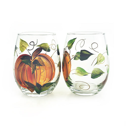 Harvest Pumpkin Hand-Painted Stemless Wine Glass - Set of 2 - 15 ounce 