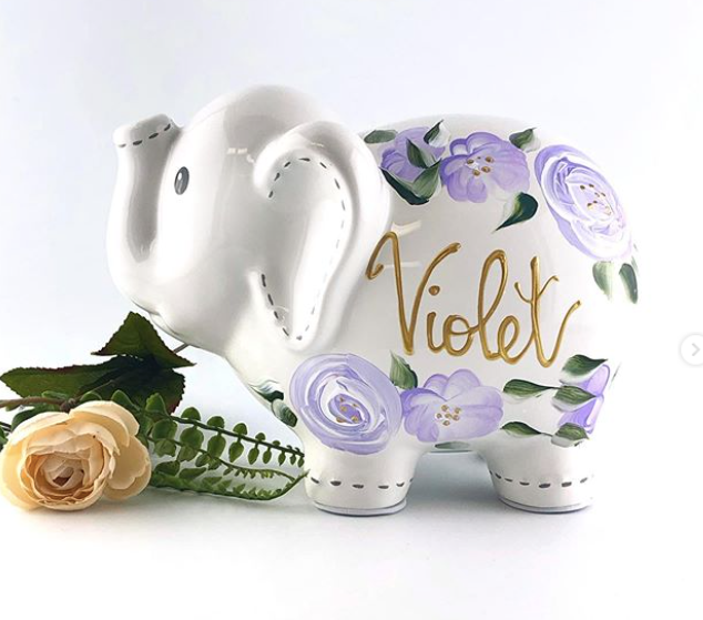 Hand Painted Elephant Piggy Bank with lavender boho flowers 