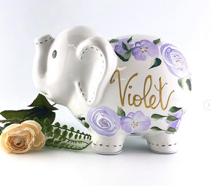 Hand Painted Elephant Piggy Bank with lavender boho flowers 