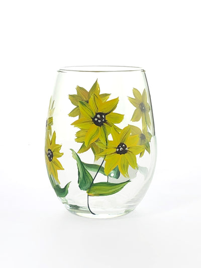 Stemless Wine Glasses - Set of 4 Glasses - Rose Buds  Sunflower, Lavender, Daisies  Glassware