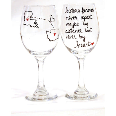 Long Distance Sister Wine Glass with States,  Stemmed or Stemless