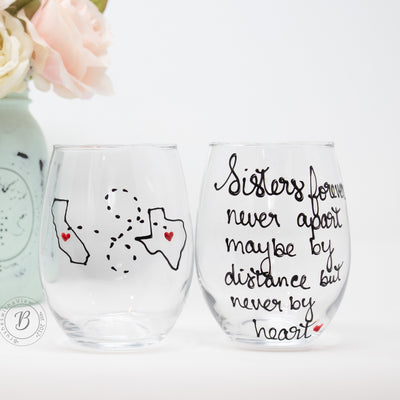 Long Distance Sister Wine Glass with States,  Stemmed or Stemless