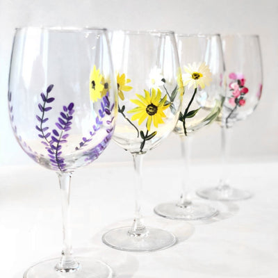 Mixed Flower Wine Glasses, Set of 4, Stemmed Wine Glasses