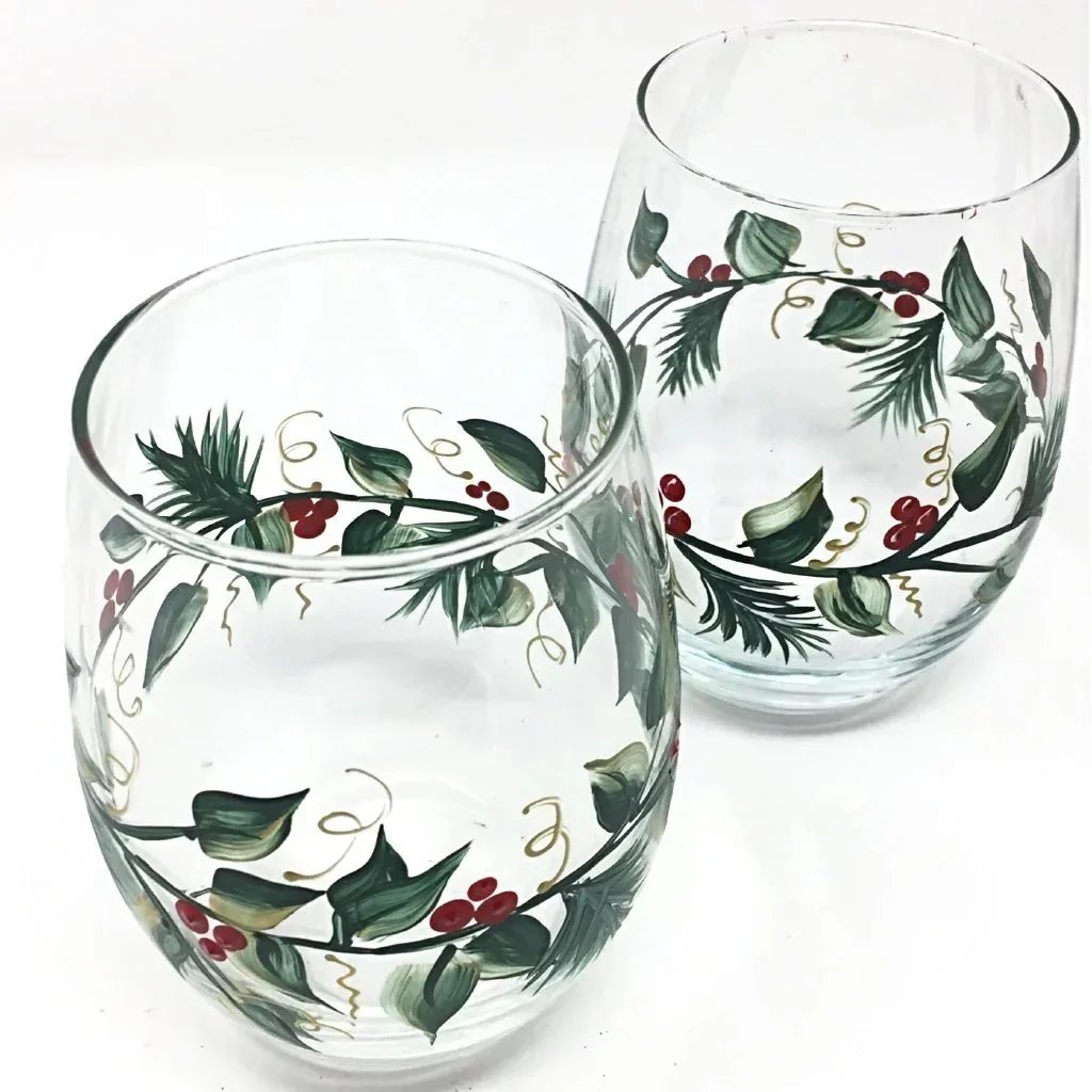Christmas Wine Glasses - Set of 2 Stemless  - Hand Painted -  Holly and Berry 