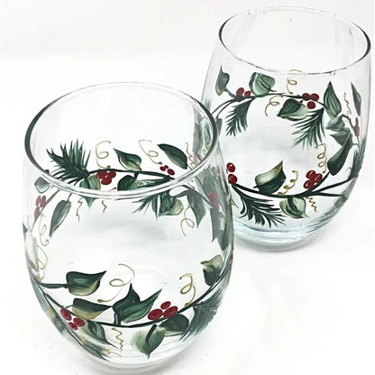 Christmas Wine Glasses - Set of 2 Stemless  - Hand Painted -  Holly and Berry 