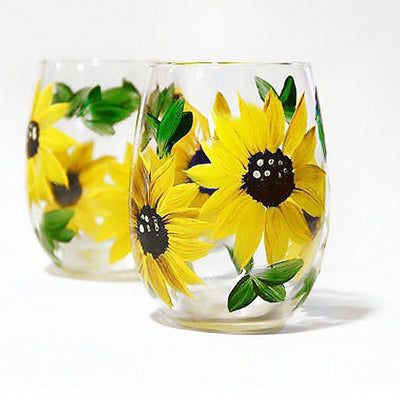 Sunflower Wine Glass Hand Painted Stemless Set of 2