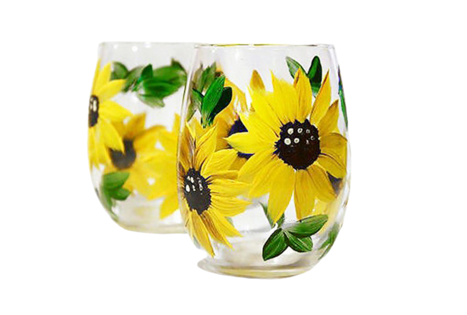 Sunflower Wine Glass Hand Painted Stemless Set of 2 