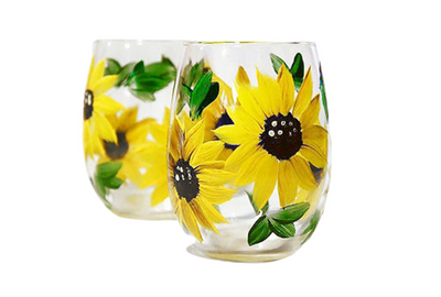 Sunflower Wine Glass Hand Painted Stemless Set of 2