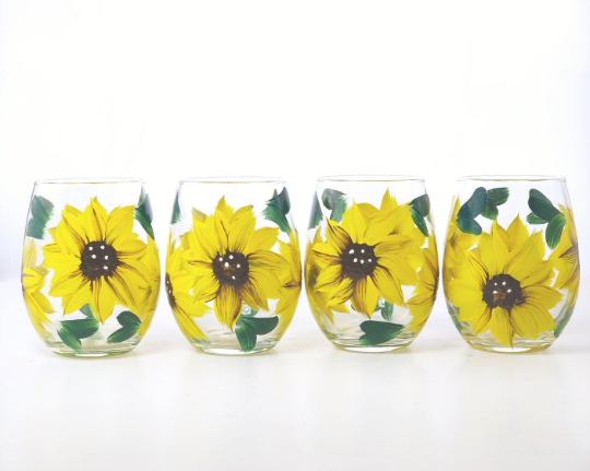 Sunflower Stemmed Wine Glasses - Gift for Women - Sunflower Kitchen Decor -  Rustic Country Farmhouse - Set of 2-12 ounce stemmed - Hand Painted