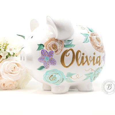 Personalized Piggy Bank Purple and Teal Flowers - Hand Painted Ceramic