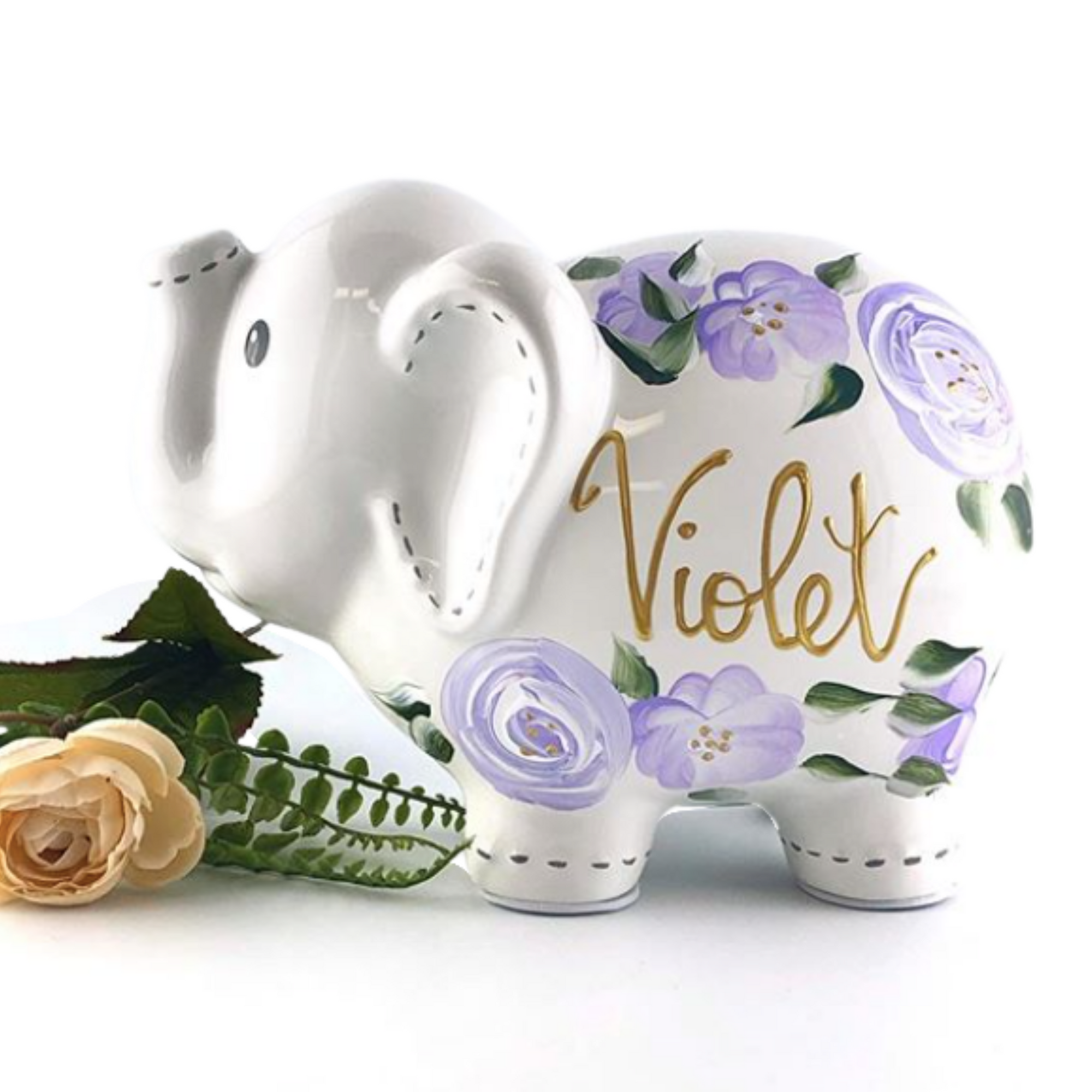 Hand Painted Elephant Piggy Bank with lavender boho flowers 