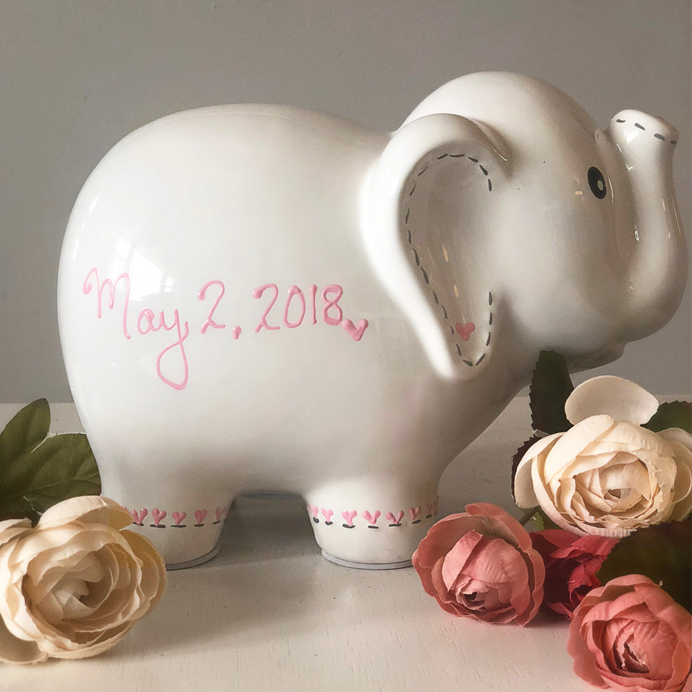 Personalized White Elephant Piggy Bank personalized with name 