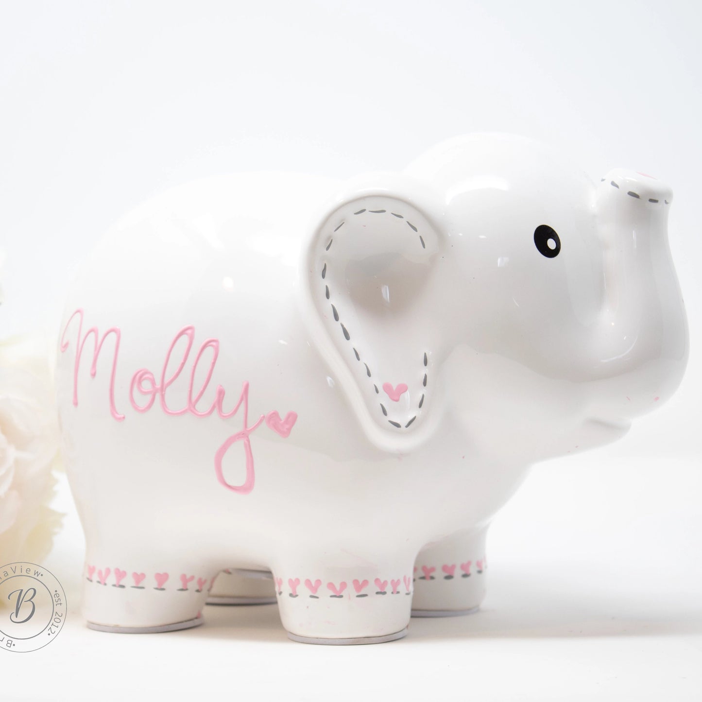 Personalized White Elephant Piggy Bank personalized with name 