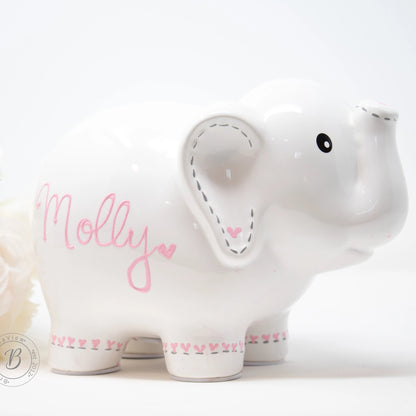 Personalized White Elephant Piggy Bank personalized with name 