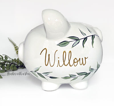 Hand Painted Willow Leaves Personalized Piggy Bank