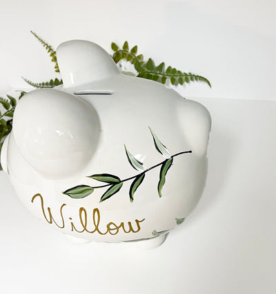 Hand Painted Willow Leaves Personalized Piggy Bank