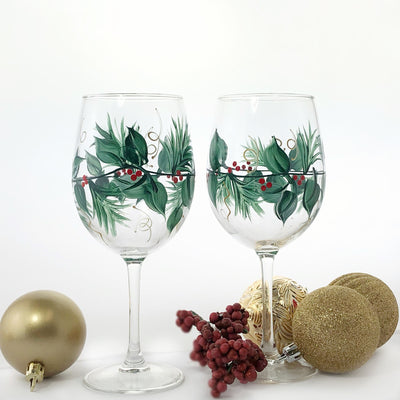 Hand Painted Christmas Wine Glasses with Stem, Set of 2 - 12 ounces