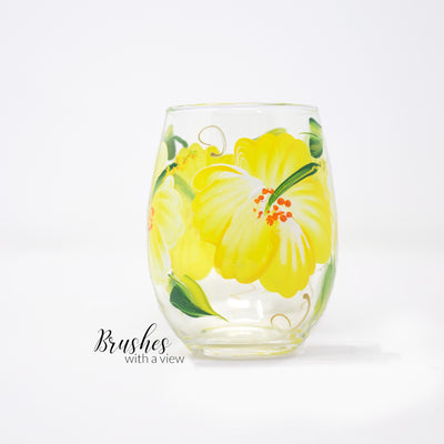 Yellow Hibiscus Hand painted Stemless Wine Glass, 11 oz.