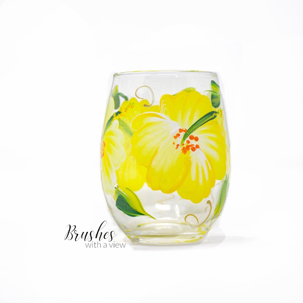 Yellow Hibiscus Hand painted Stemless Wine Glass, 11 oz. 